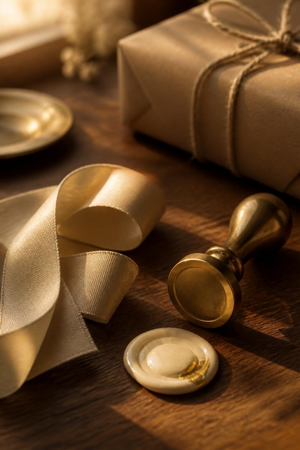 Brass wax seal, silk ribbon and kraft-wrapped parcel on warm walnut — Salo Society concierge atelier